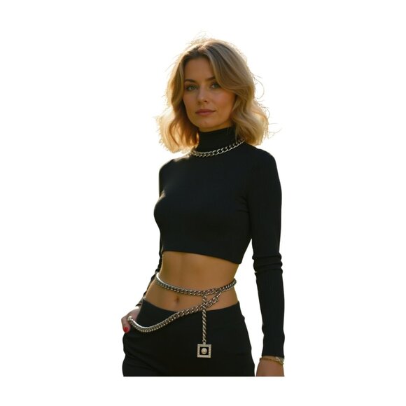 Women High Waist Hip Silver Metal Chain Links Wave Belt Lion Charm Size XS S M - Picture 13 of 17
